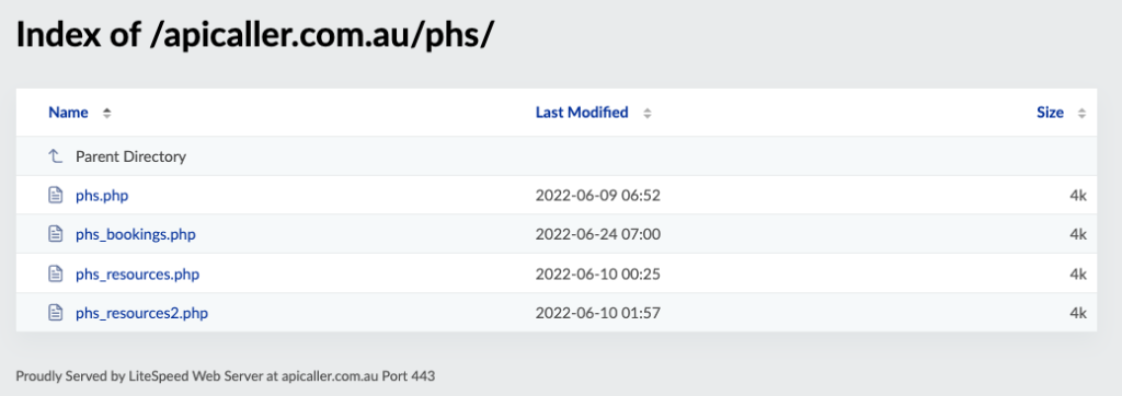 Screenshot of the publicly accessible and insecure Litespeed Web Server at apicaller.com.au (PHS directory) controlled by Ross MEADOWS and Media Booth Australia.