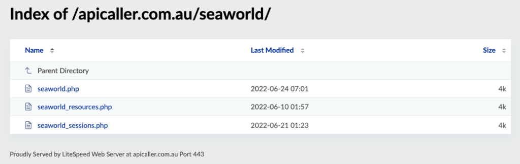 Screenshot of the publicly accessible and insecure Litespeed Web Server at apicaller.com.au (seaworld directory) controlled by Ross MEADOWS and Media Booth Australia.