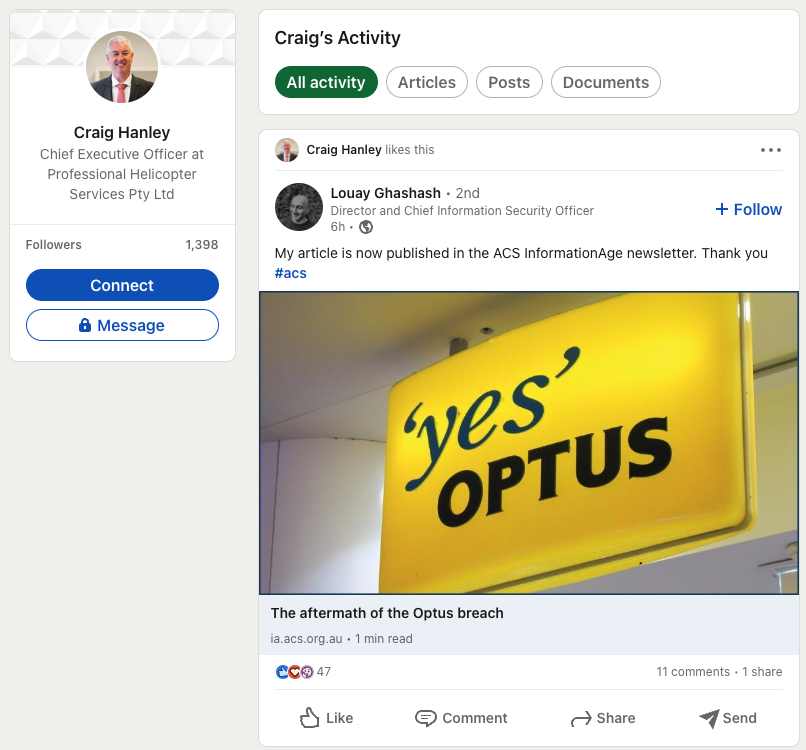 Craig HANLEY (CEO of Professional Helicopter Services and a Group General Manager of Sea World Helicopters) publicly liked a LinkedIn post relating to the Optus data breach (29 September 2022).